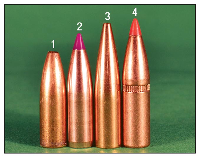 Heavy bullets tested include the (1) Sierra 75-grain HP, (2) Nosler 80 Ballistic Tip Varmint, (3) Berger 88 LD and the (4) Hornady 95-grain SST.